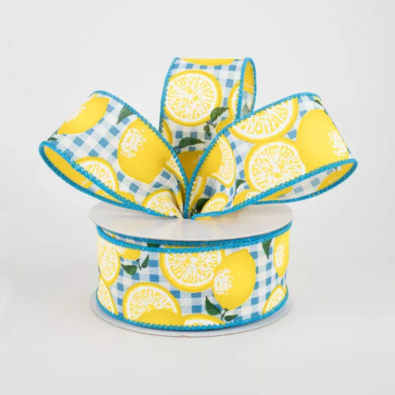 1 1/2 Gingham Lemons Ribbon: Turquoise – 1 Yard