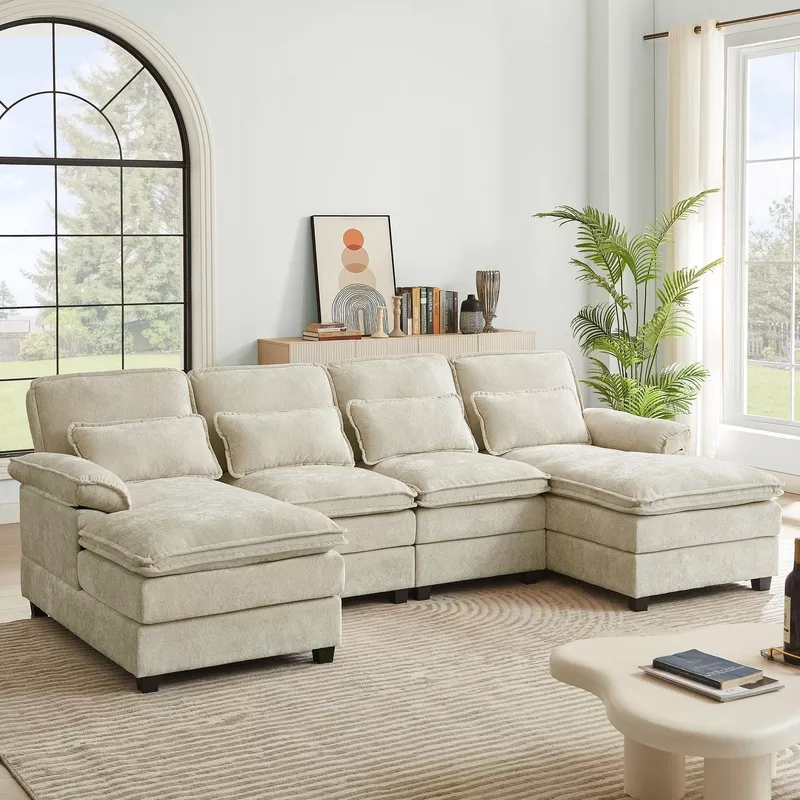 112″ U-Shaped Modular Sectional Sofa with Double Chaise Beige