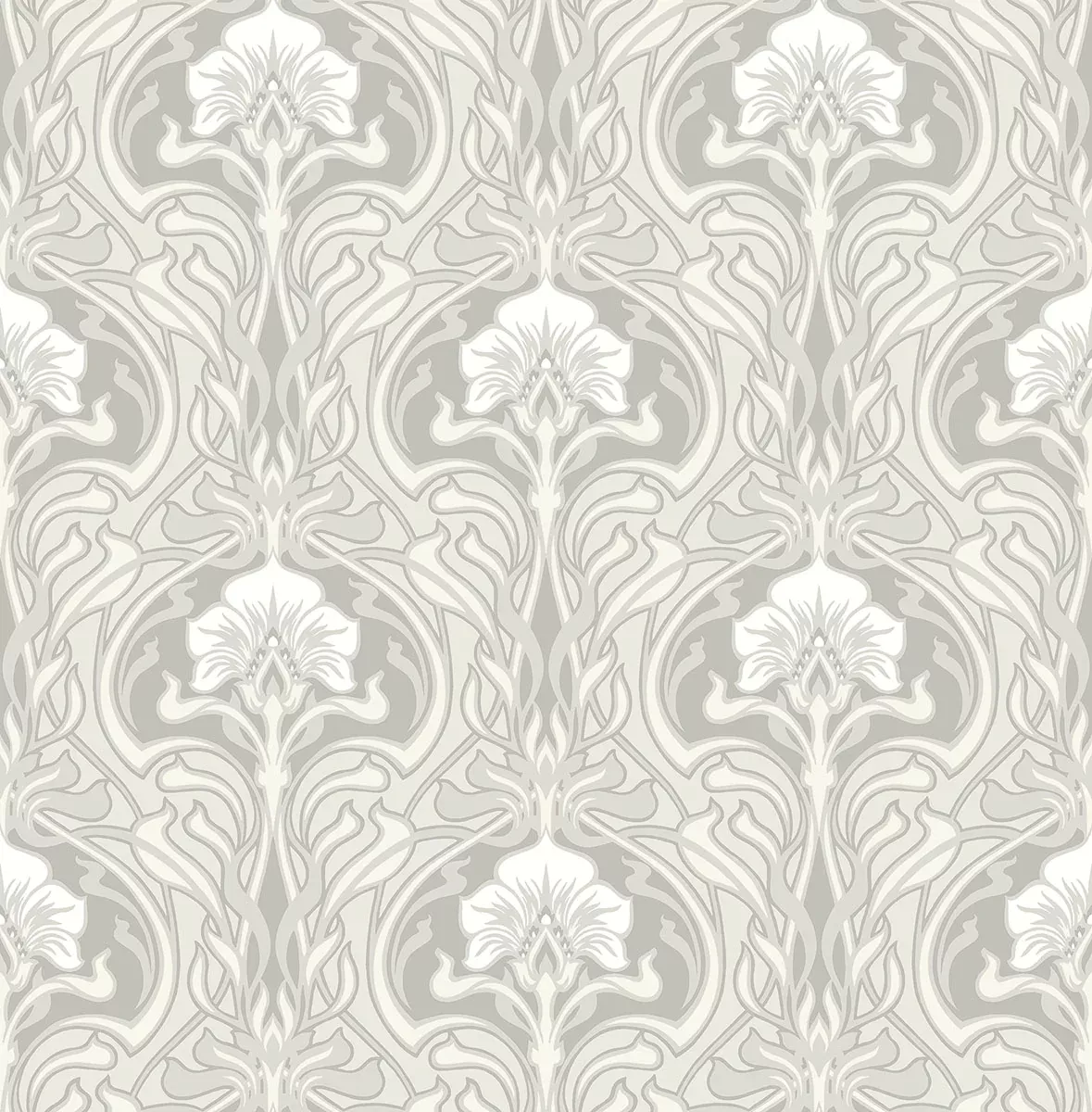 2970-26149 Mucha Off-White Botanical Ogee Wallpaper
