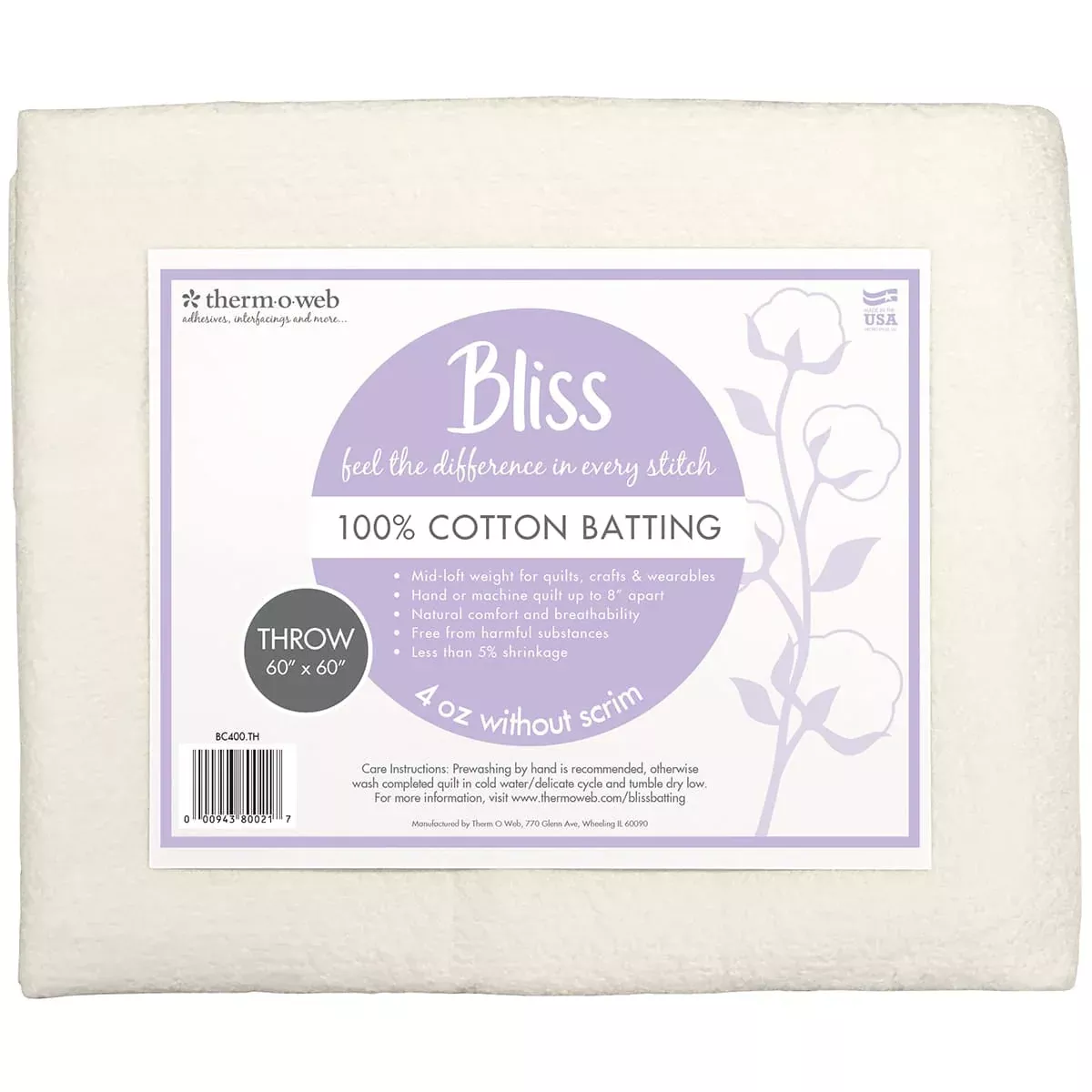 Bliss 100% Cotton Batting - Throw 60" x 60"