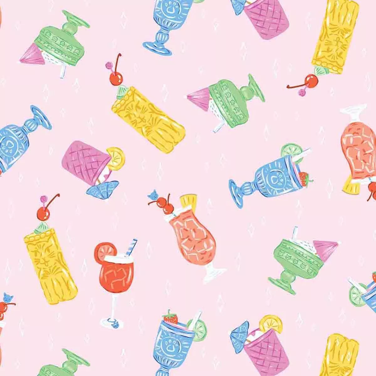 Cloud9 Fabrics – Poolside Purrfection by Krissy Mast – Organic Cotton – Cool Cock-Tails – Pink/Multi – Yardage