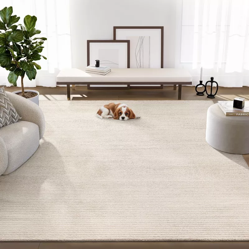 Cream Textured Stripe Area RugMachine Washable