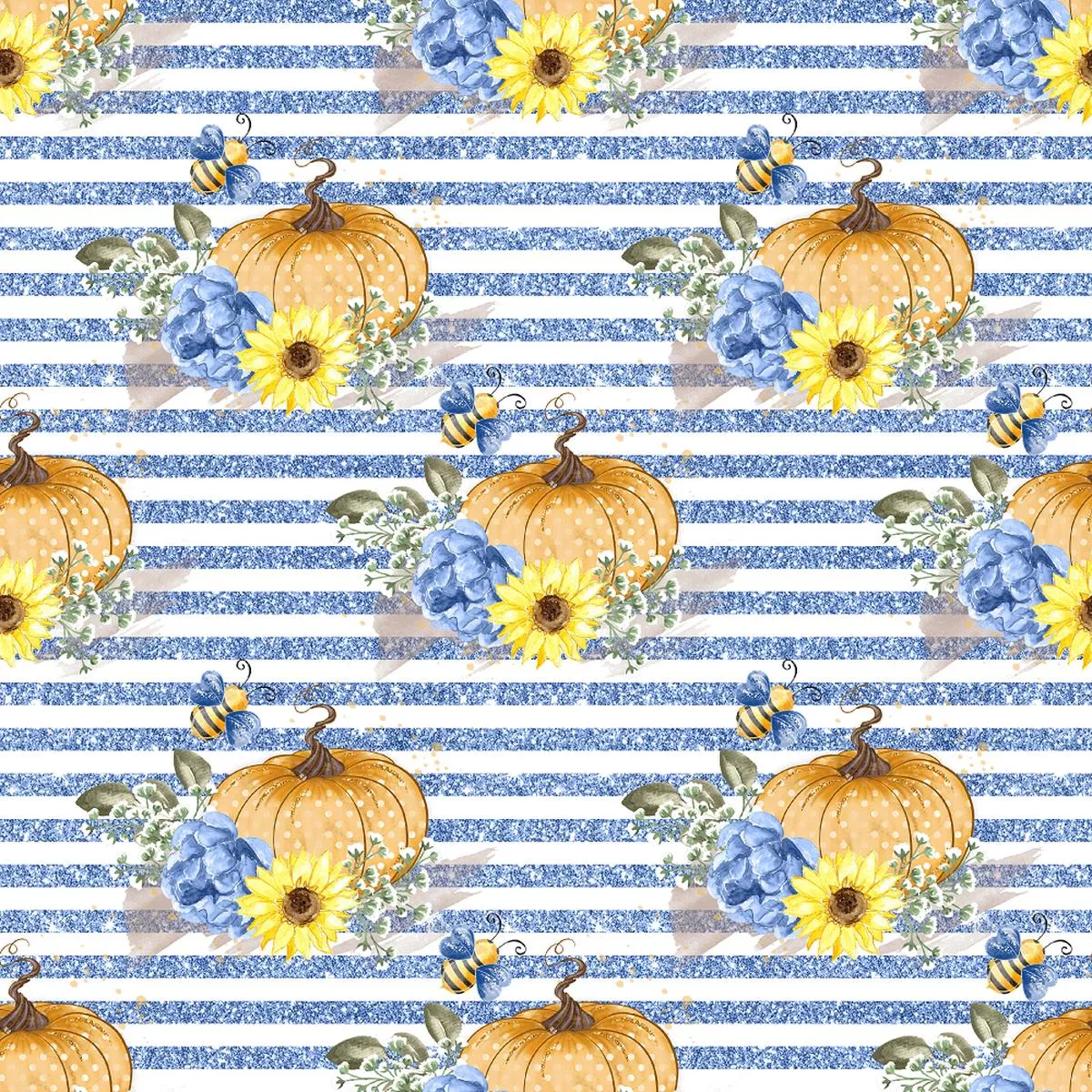 Decorative Pumpkins Stripes Fabric – Blue