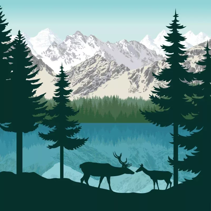 Deer Near Mountain Lake Fabric Panel