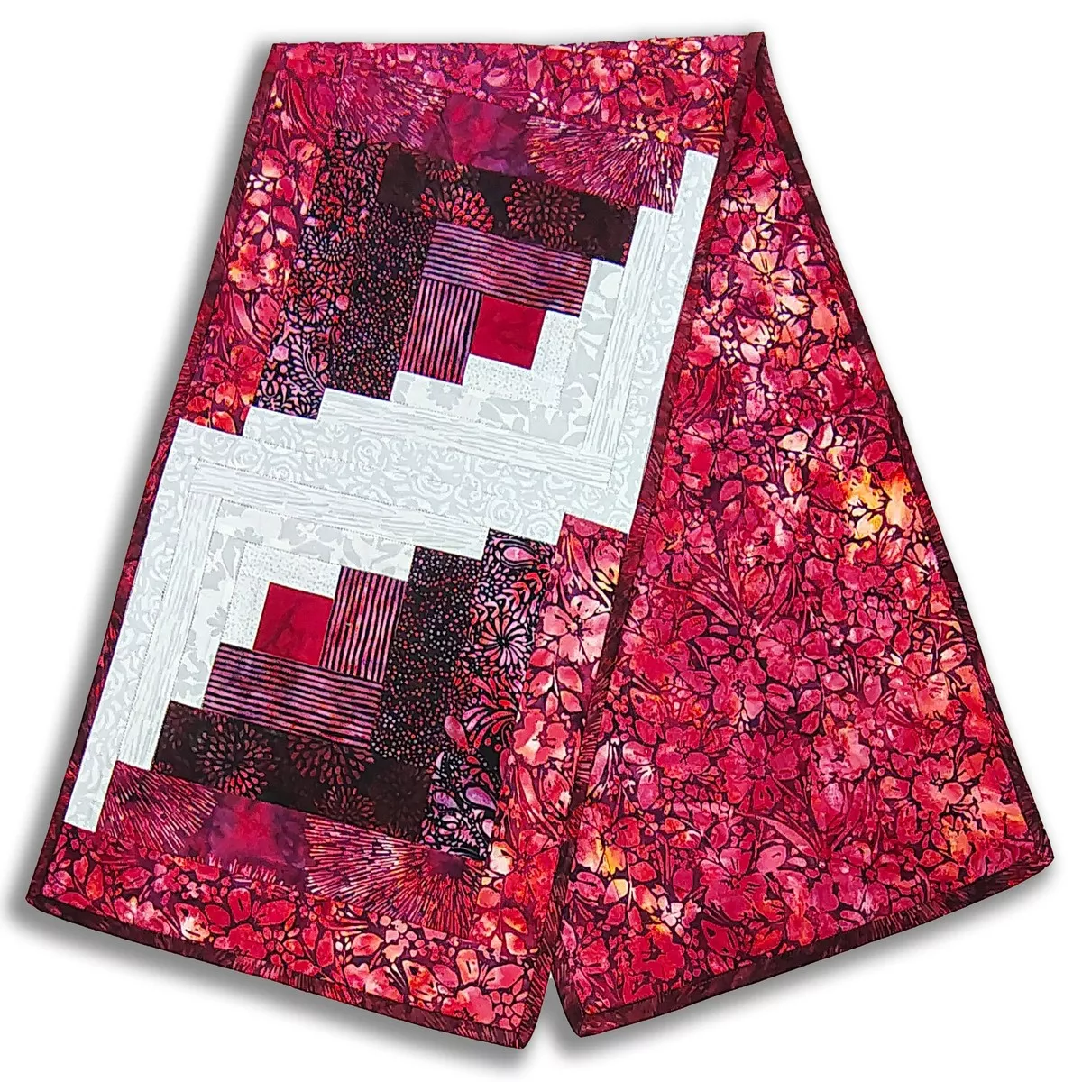 Fully FINISHED Curvy Log Cabin Table Runner – Raspberry Mist –