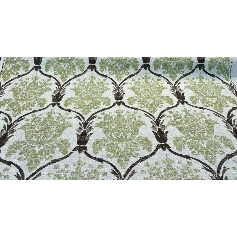 Green Damask Linen Lyra Teflon Drapery Upholstery Fabric by the yard