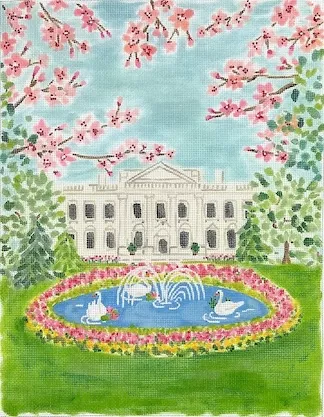 Kate Dickerson Needlepoint – Swan Pond at the White House