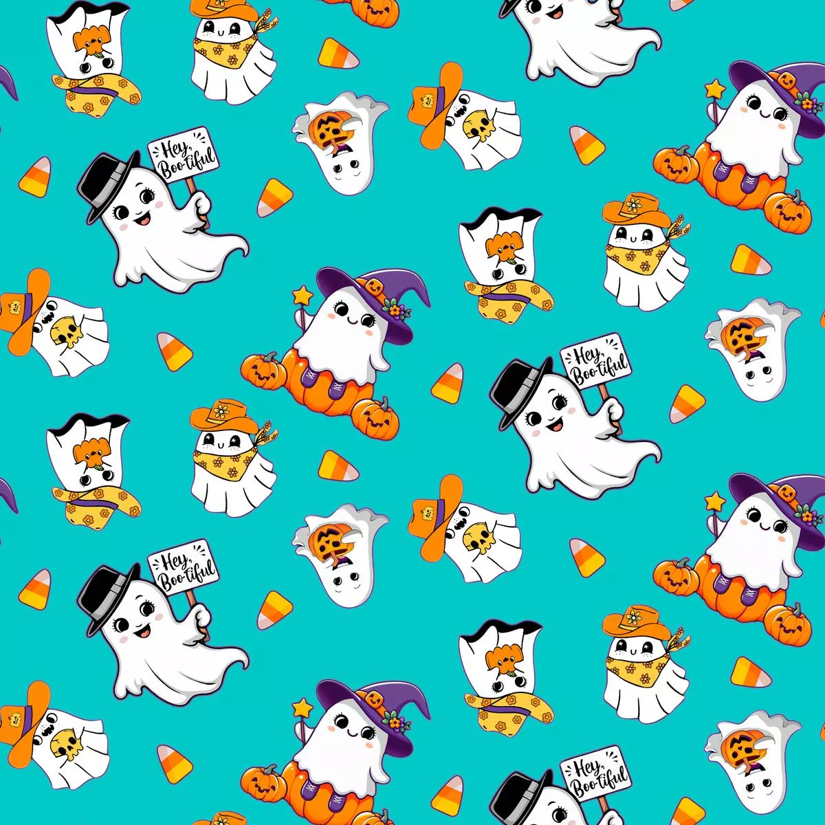 Kate Ward Thacker Halloween Bootiful Ghosts on Aqua Fabric