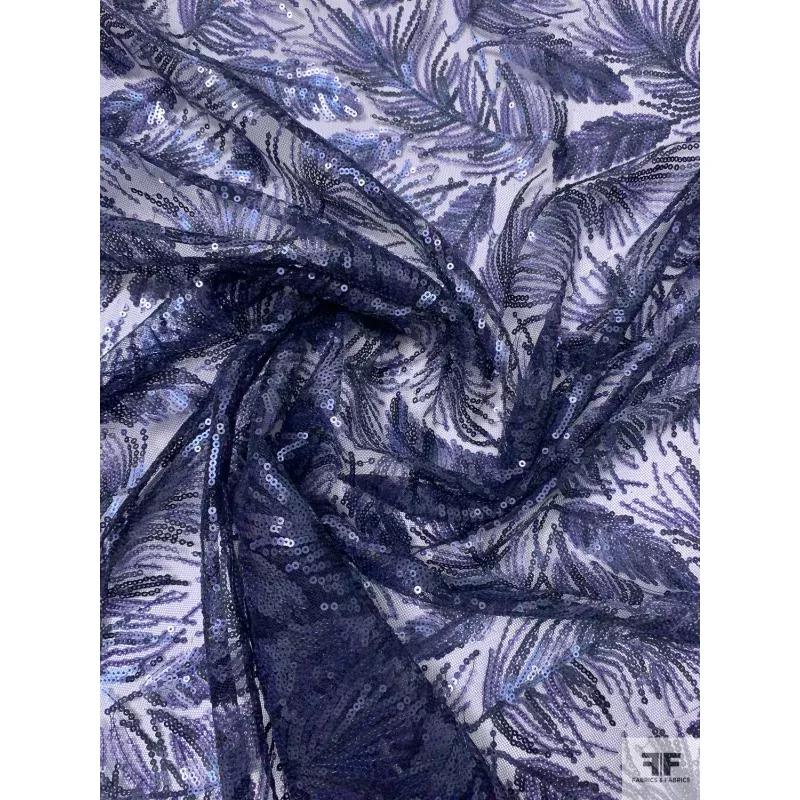 Leaf Design Sequined Tulle – Navy