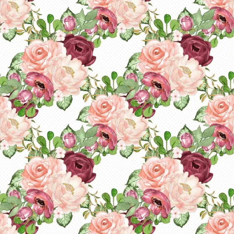 Marsala Bouquets on Dots Fabric – White