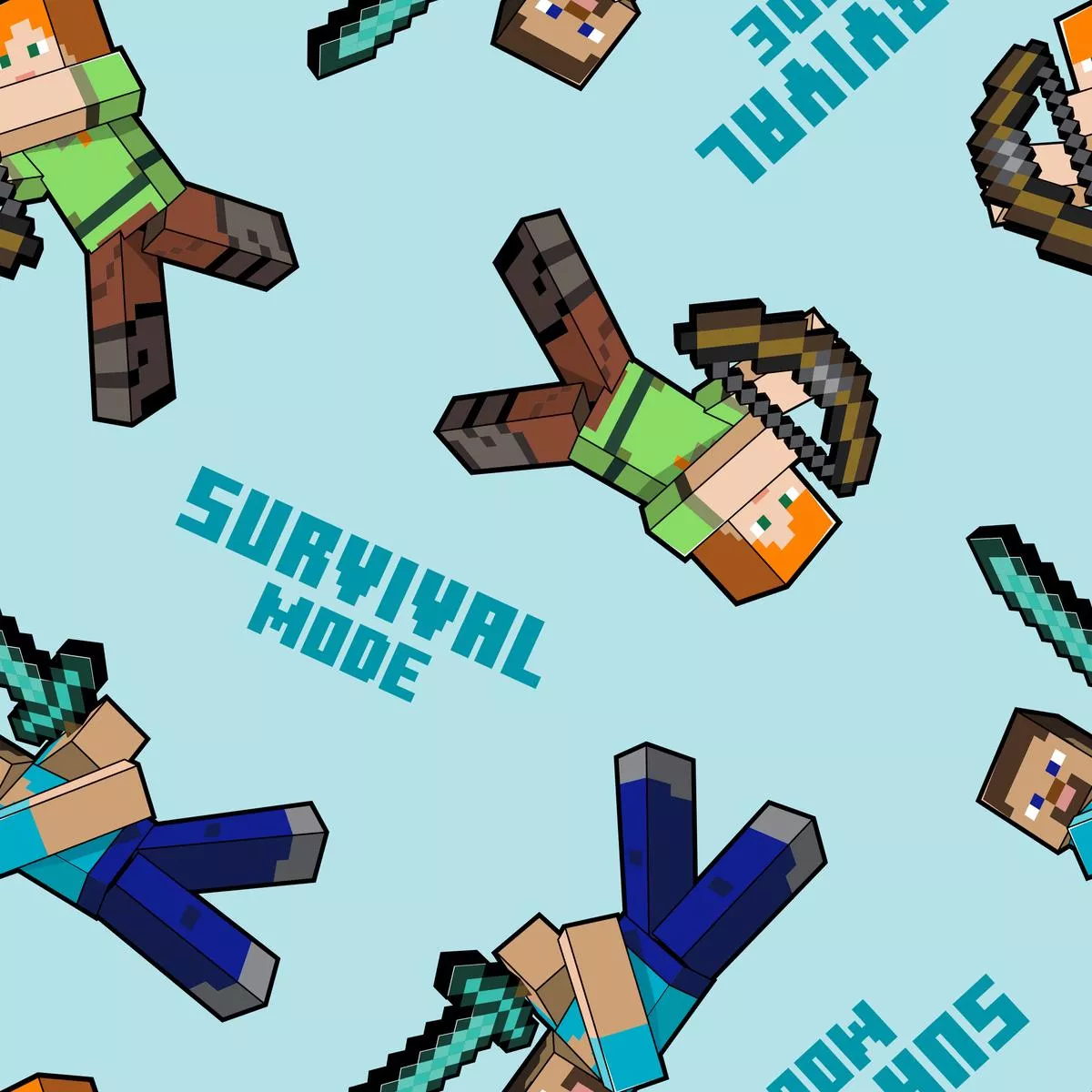 Minecraft Characters on Blue Fabric