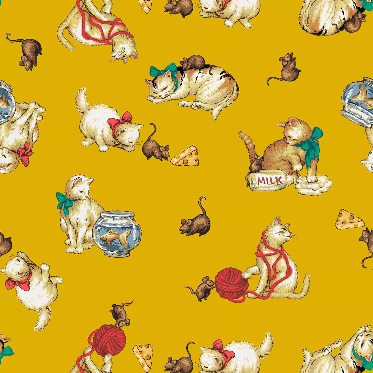 Mischievous Kitty on Yellow Fabric