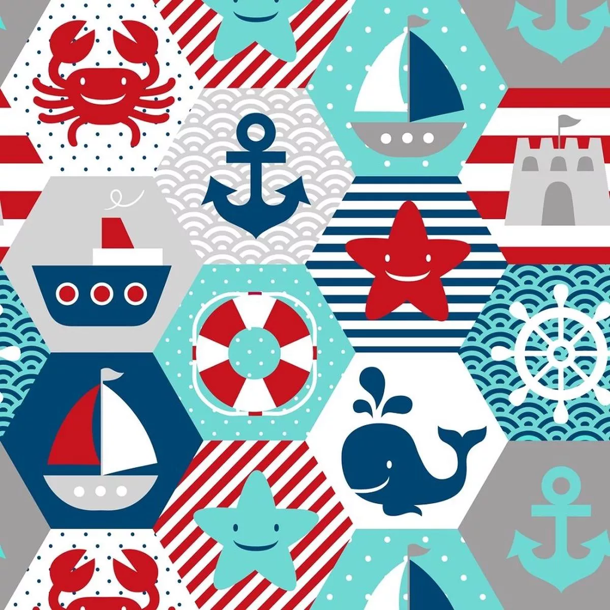 Nautical Patchwork Fabric – Aqua