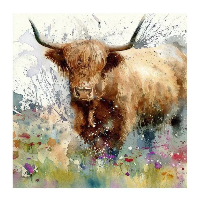 Paint Drip Highland Cow #2 Fabric Panel