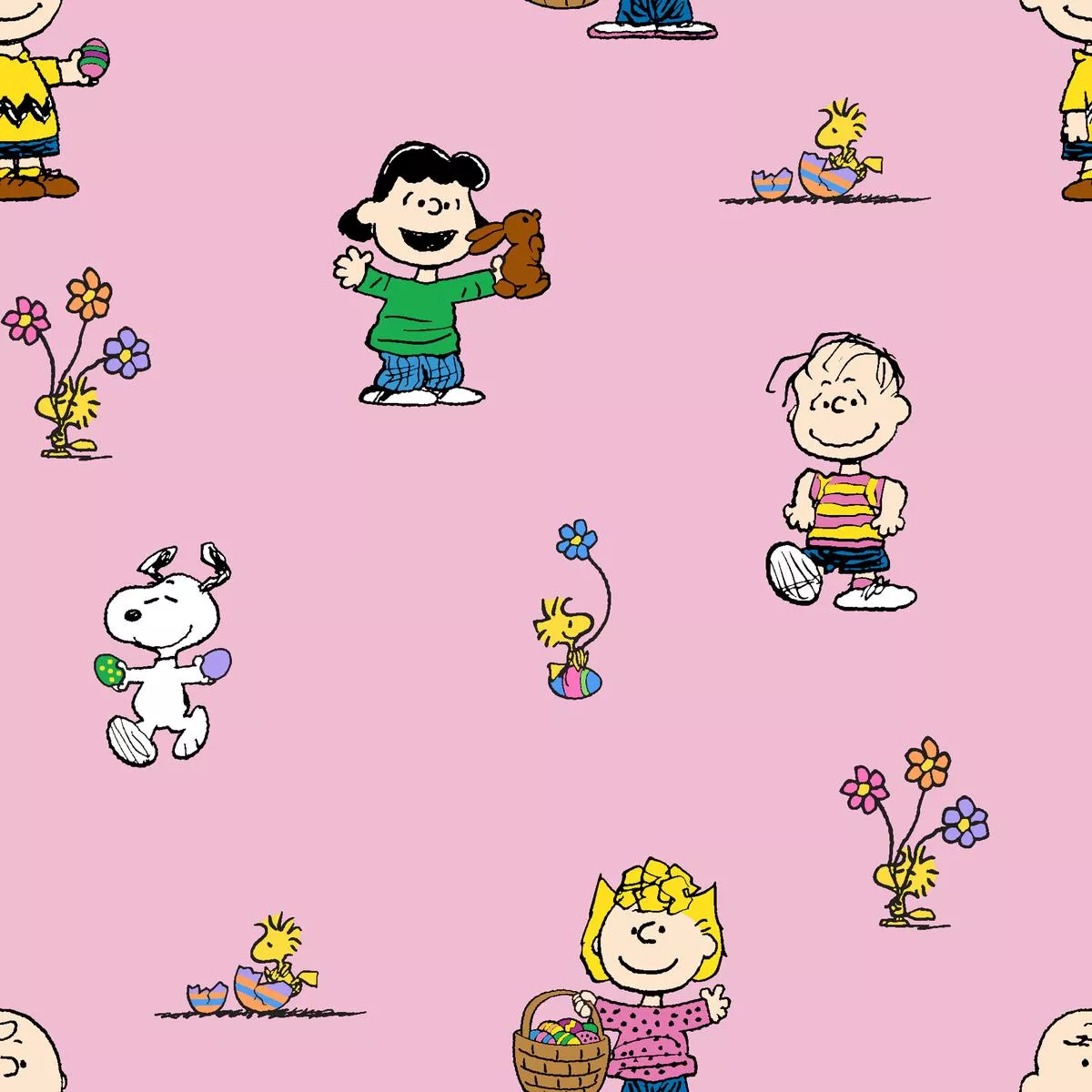 Peanuts Easter Character Toss on Pink Fabric
