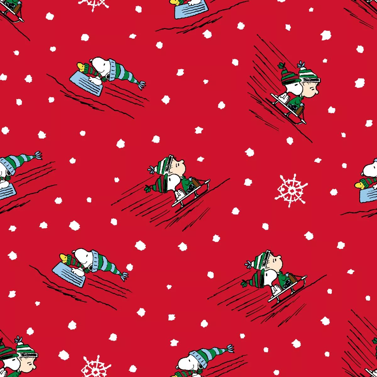 Peanuts Winter Skiing on Red Fabric