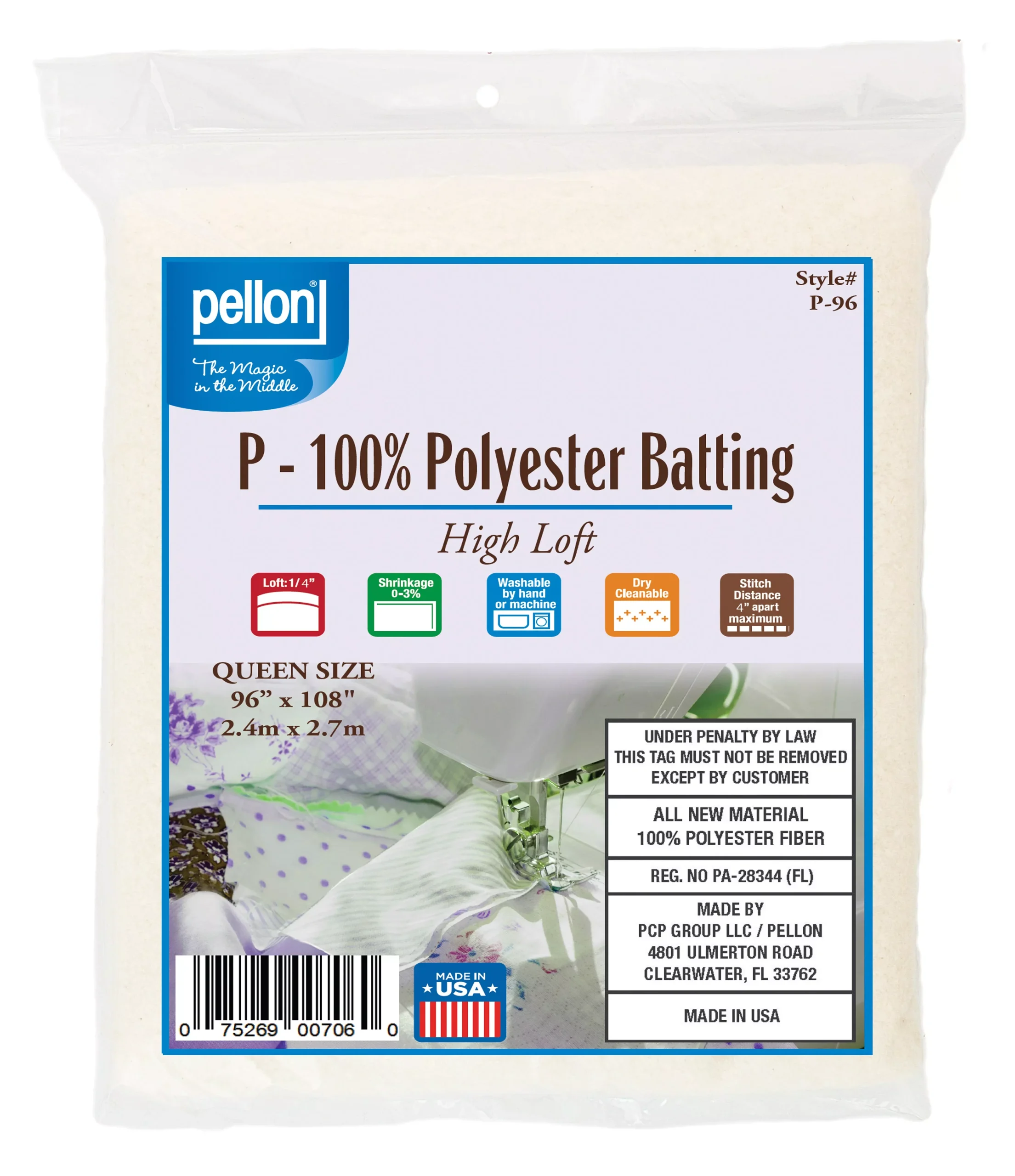 Pellon Polyester Batting 96" x 108" Queen Size Package.