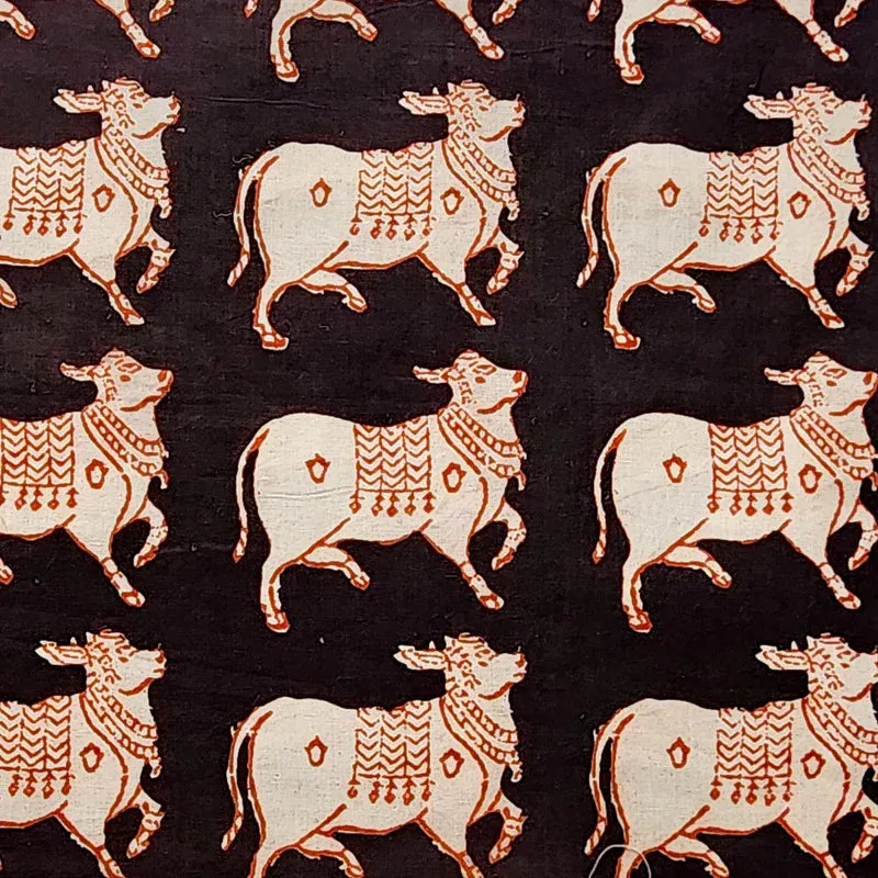 ( PRE-CUT 2.25 CM ) Pure Cotton Bagru Black With Cream Cow Motif Hand Block Print Fabric