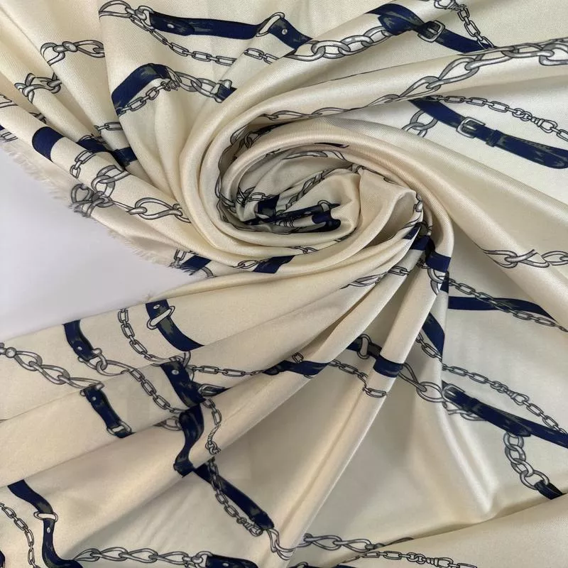 Printed Beige-Blue Polyester Twill