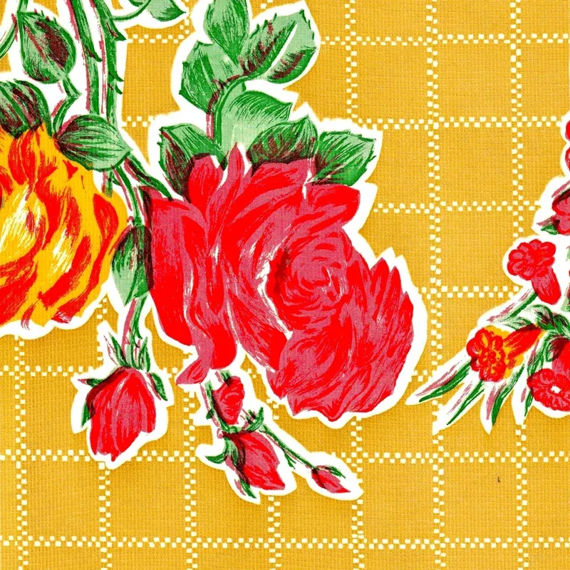 Rose and Grid Tan Oilcloth Fabric