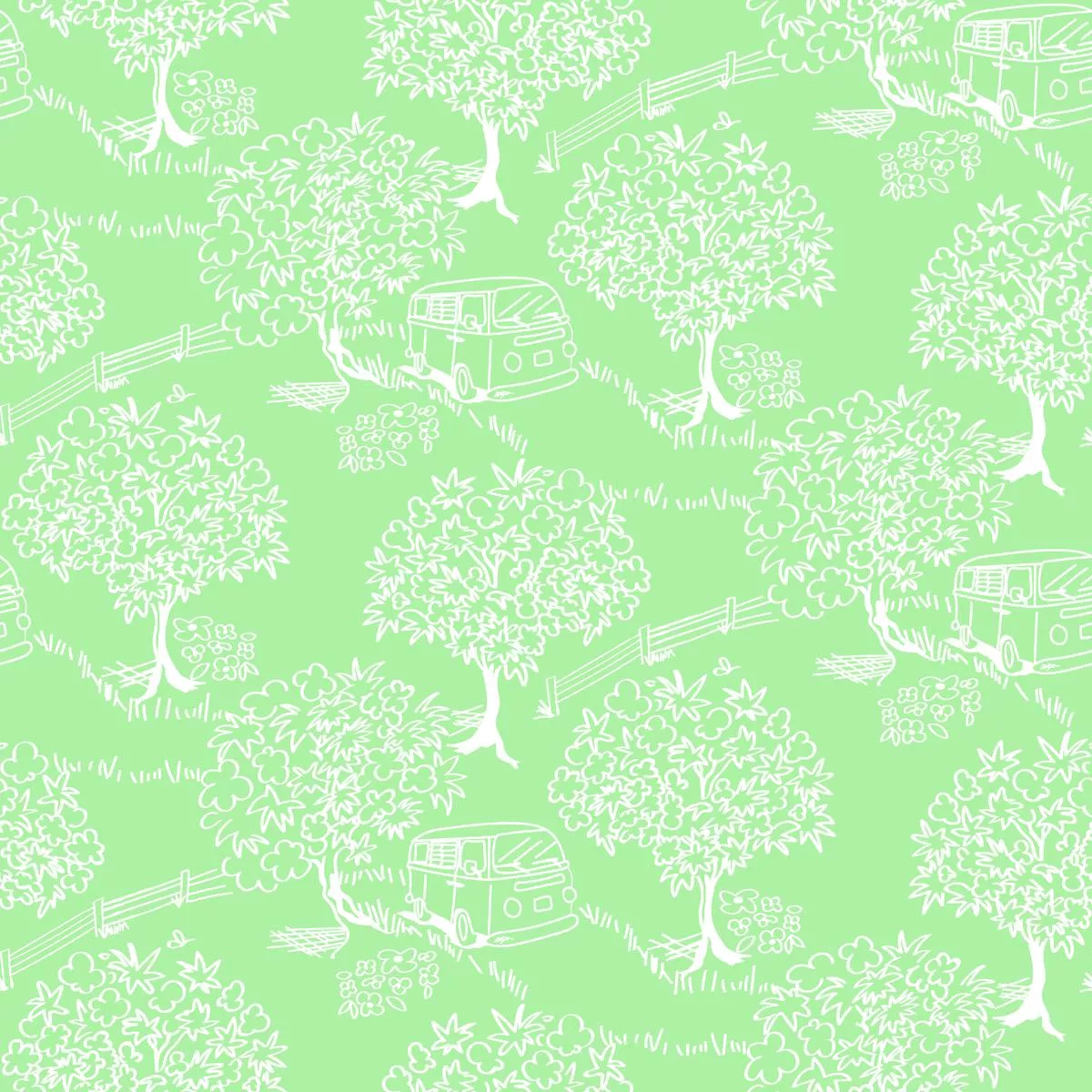 Scenic Trees on Green Fabric