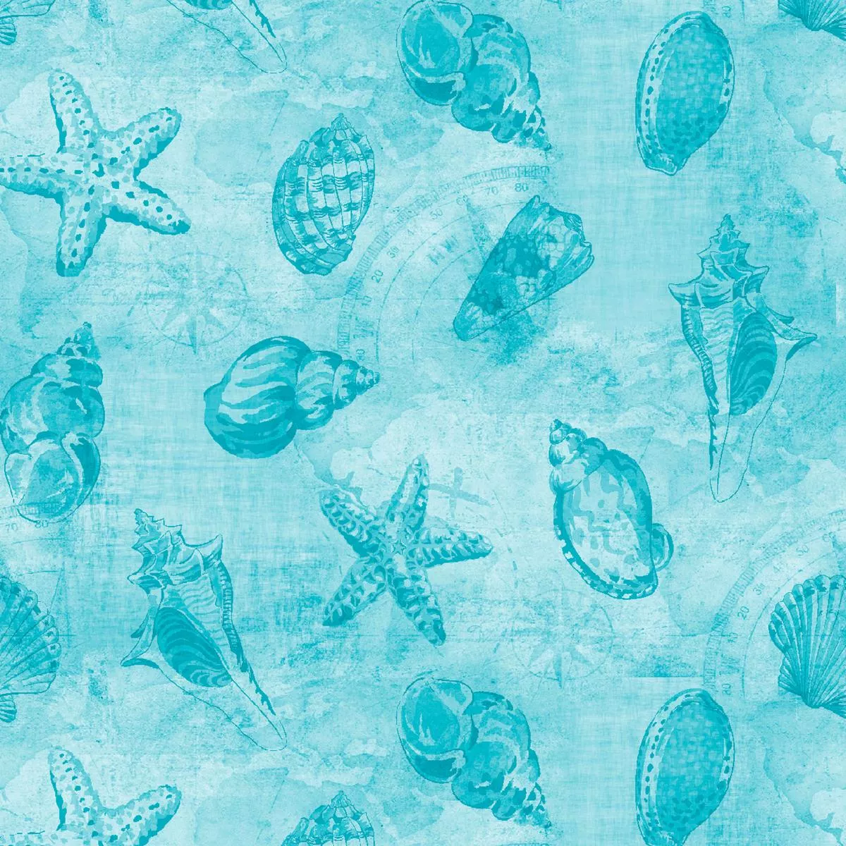 Shells and Starfish on Turquoise Fabric