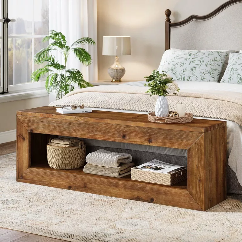 Solid Wood Entryway Bench with Storage Shelf Brown