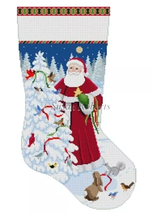 Susan Roberts Needlepoint – Santa Decorating Bird Tree Stocking