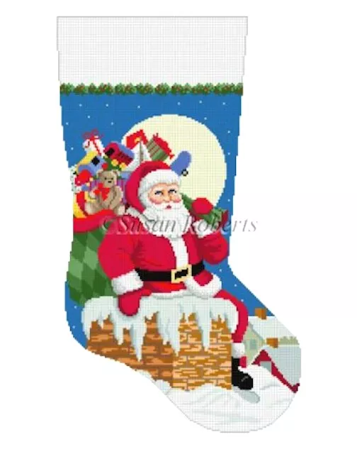 Susan Roberts Needlepoint – Stocking, Santa Down the Chimney (Boy)