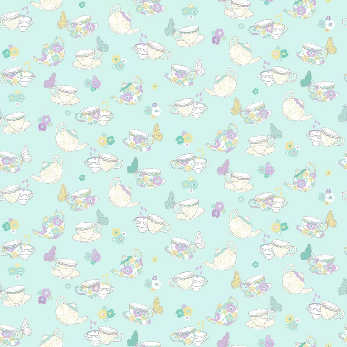 Tea Party on Mint Fabric