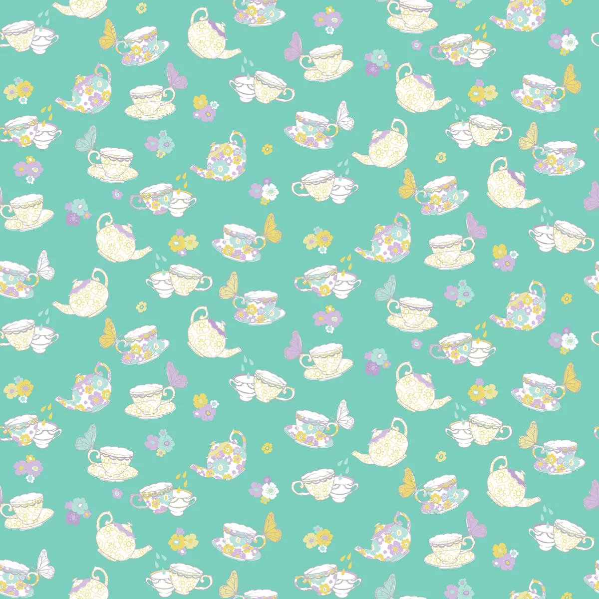 Tea Party on Teal Fabric