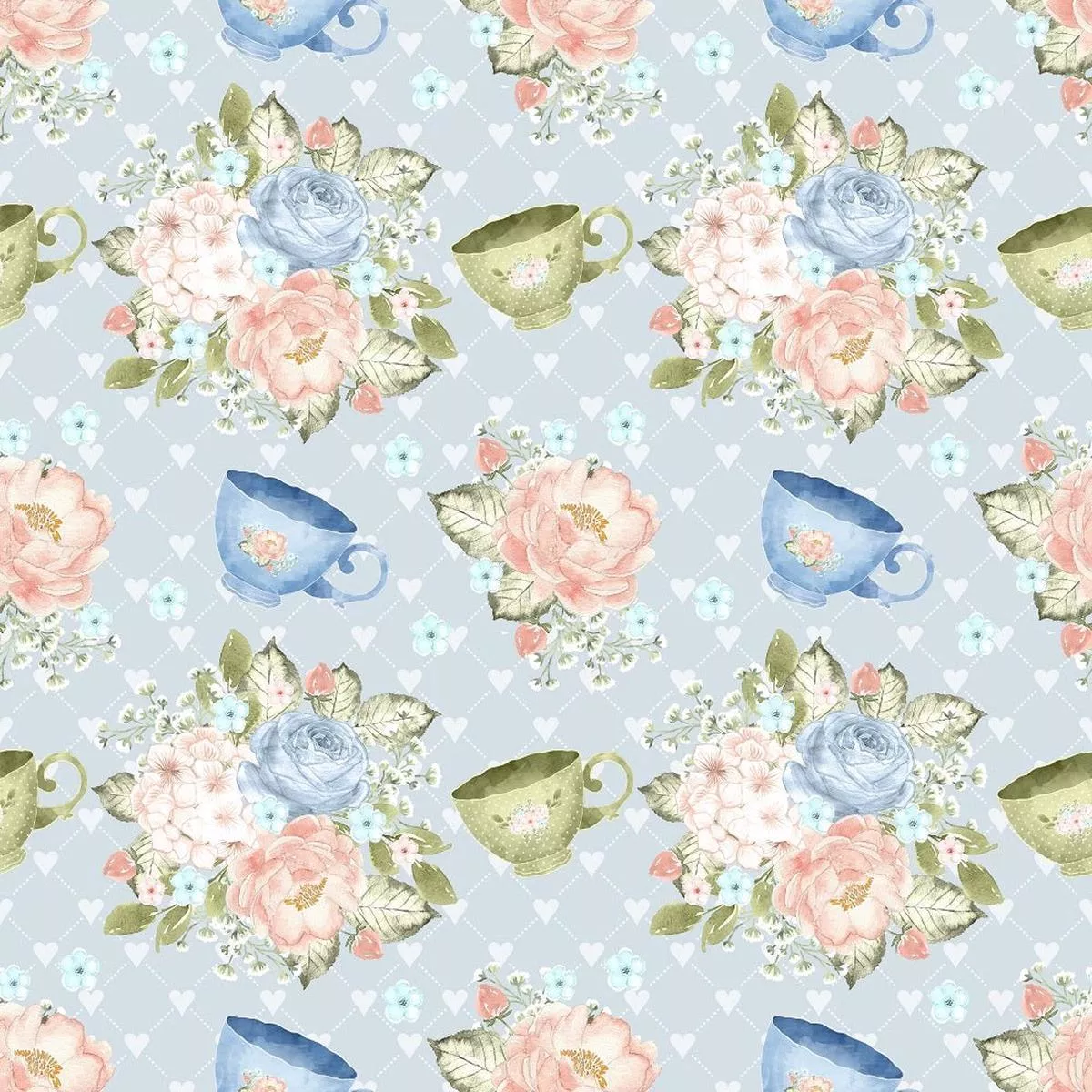 Tea Time Cups and Bouquets Fabric – Blue