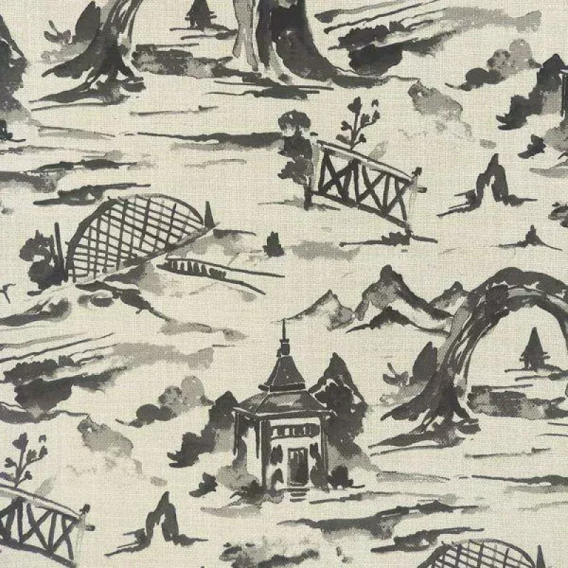 Toile Chinoiserie Black Basketweave Nanping Upholstery Fabric By The Yard