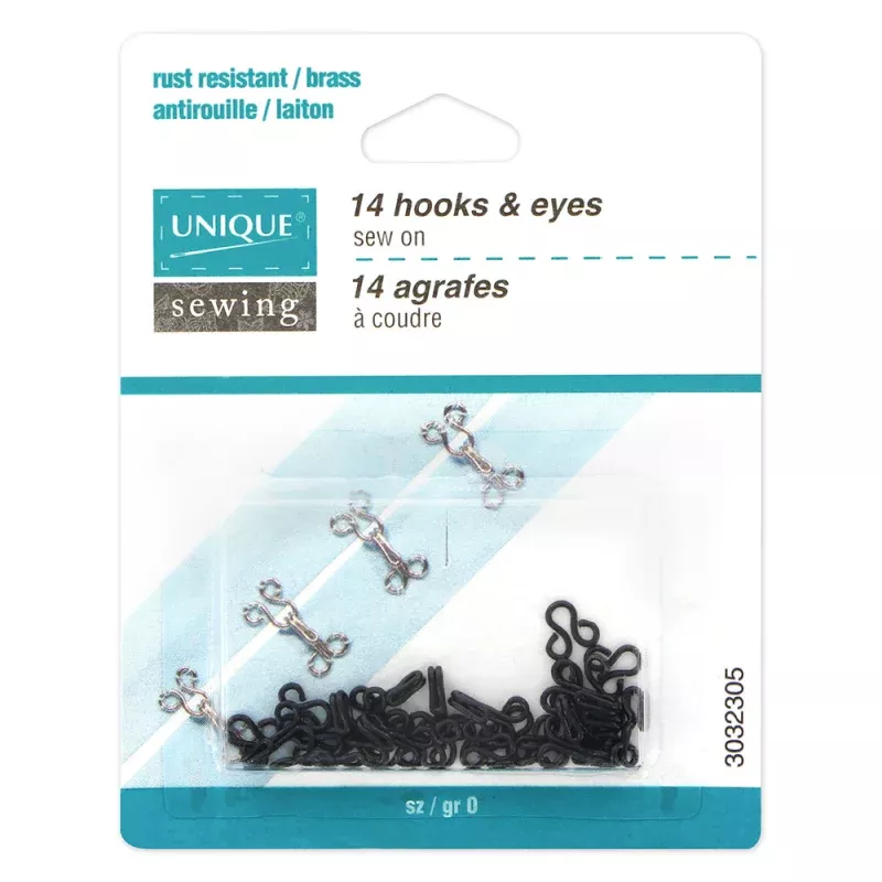 UNIQUE SEWING Hooks & EyesSize 0, Black, 14 Sets