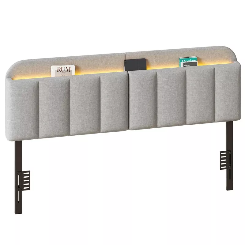 Upholstered Headboard with LED Lighting & Storage Gray
