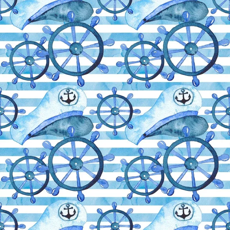 Watercolor Sailor Elements on Stripes Fabric