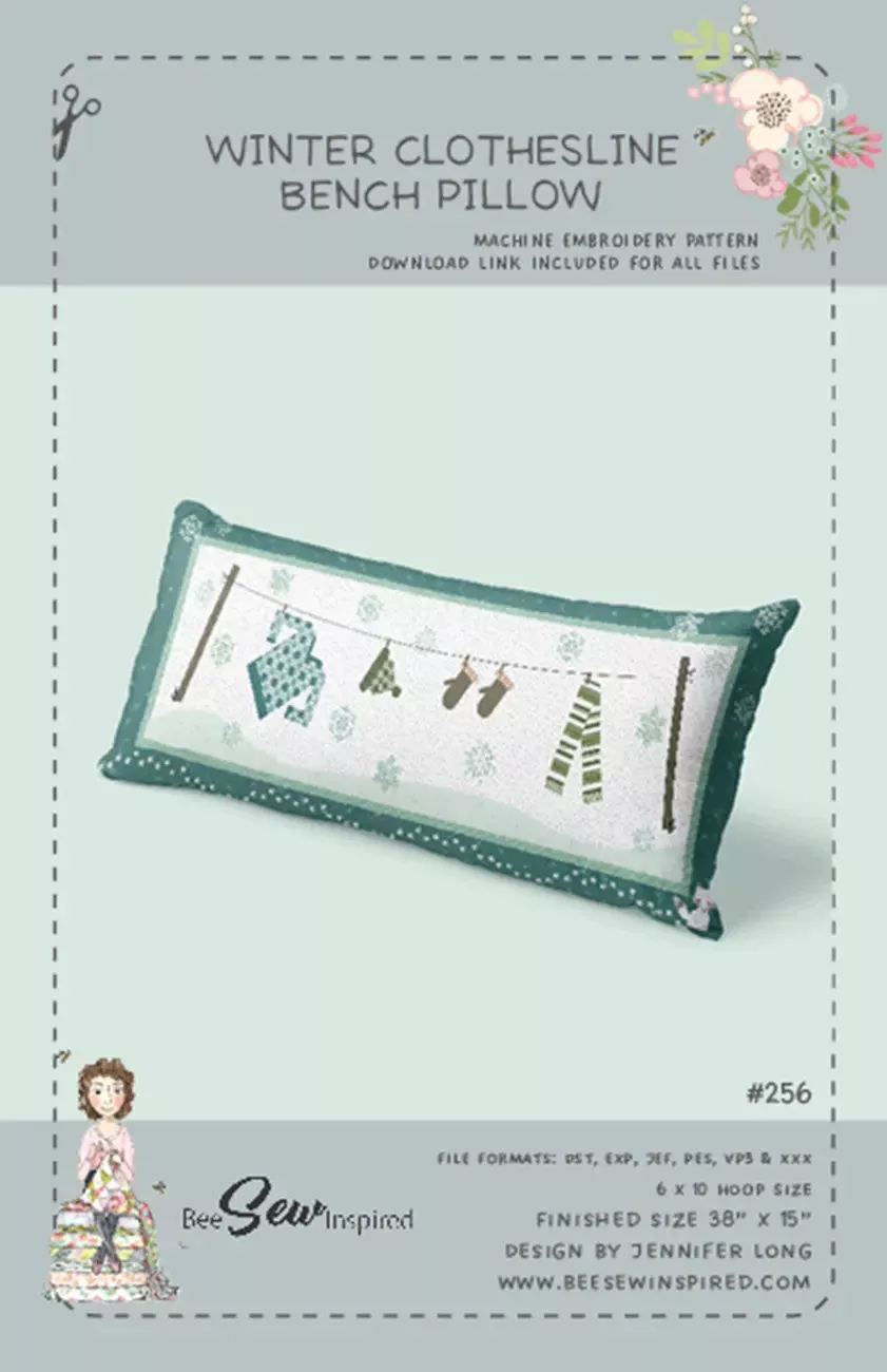 Winter Clothesline Bench Pillow Machine Embroidery Version